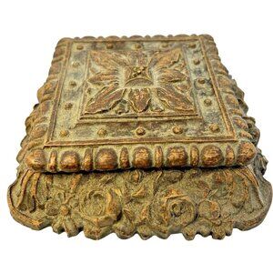 Vintage SYROCO Wood Art Ornate Square Trinket Jewelry Box with Lid Rose Design